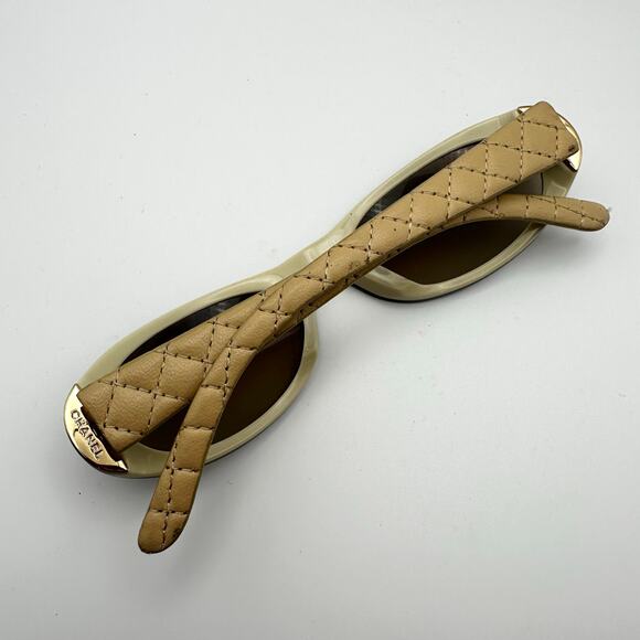 Chanel Leather Temple Beige Quilted Logo Y2K Oval Sunglasses 5129Q Color 71113 - Picture 4 of 11